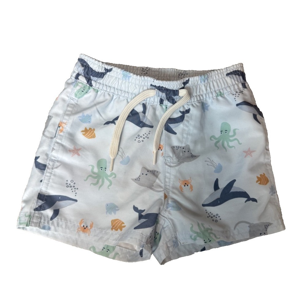 Quince Baby Boys Light Blue Sea Creature Draw String Swim Trunks Sz 9-12 Mos